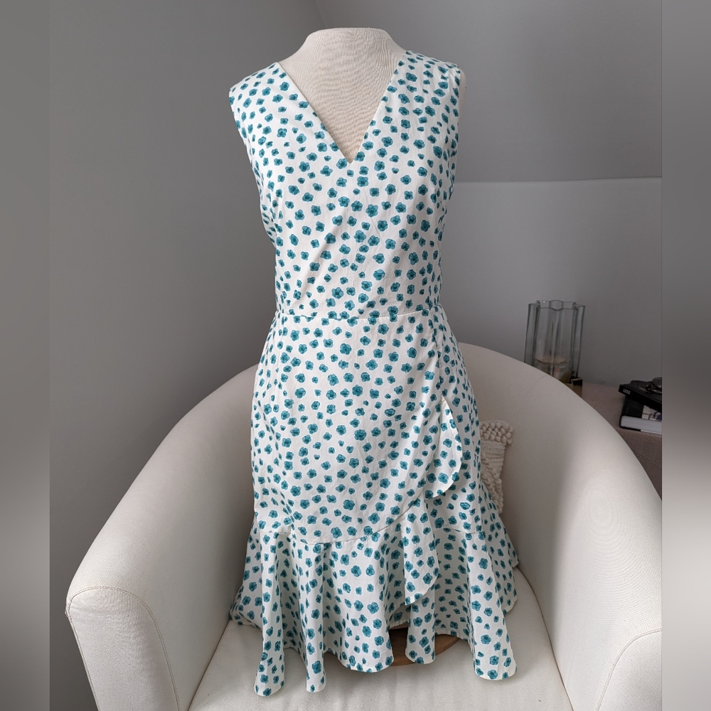 Rebecca Taylor Emerald Daisy Watercolor Florals Cotton A-line Ruffle Dress